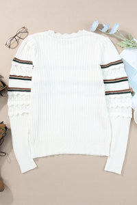 Striped Hollow Out Round Neck Long Sleeve Sweater Trandify Deal