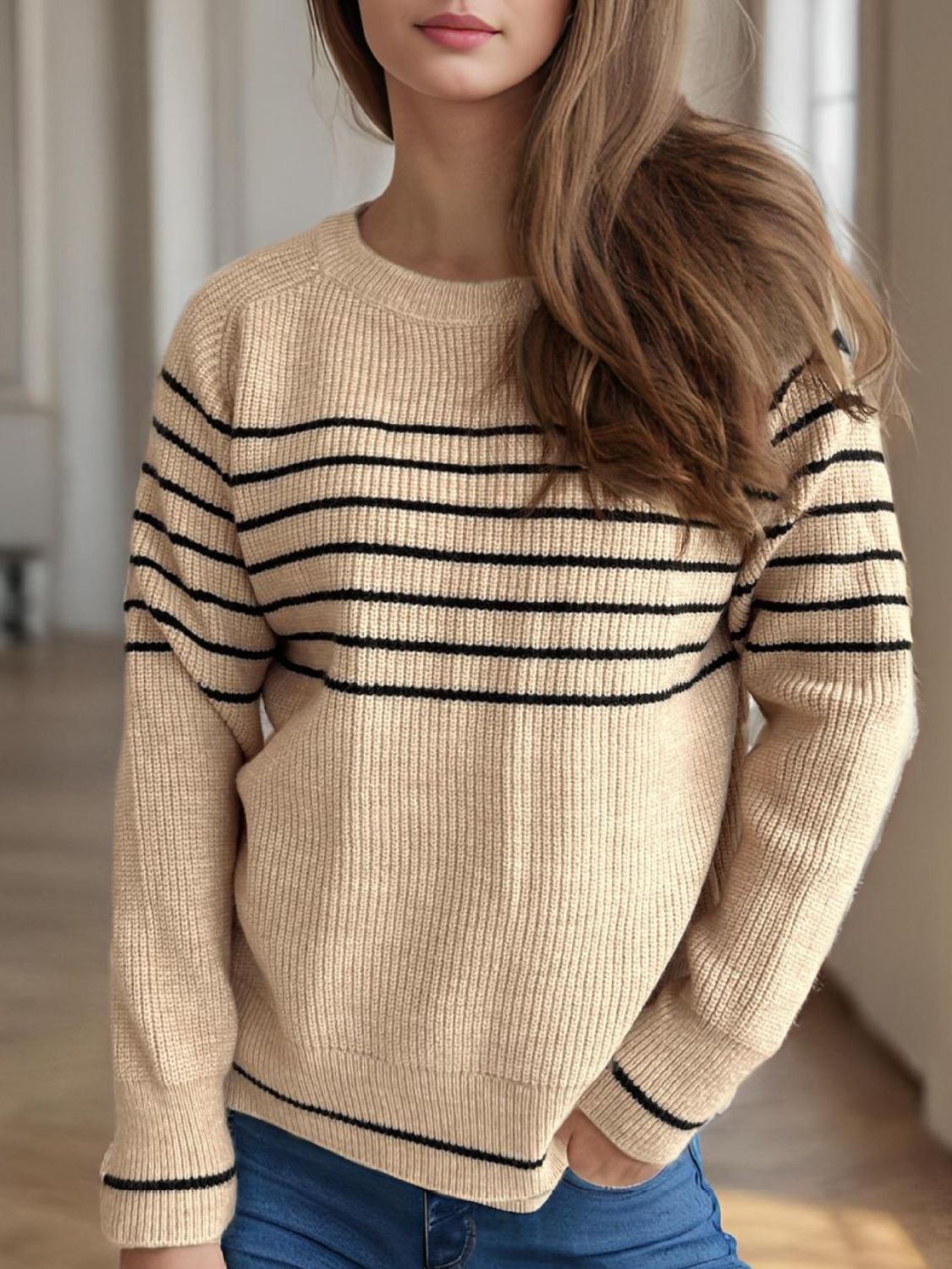 Striped Round Neck Long Sleeve Sweater Trandify Deal