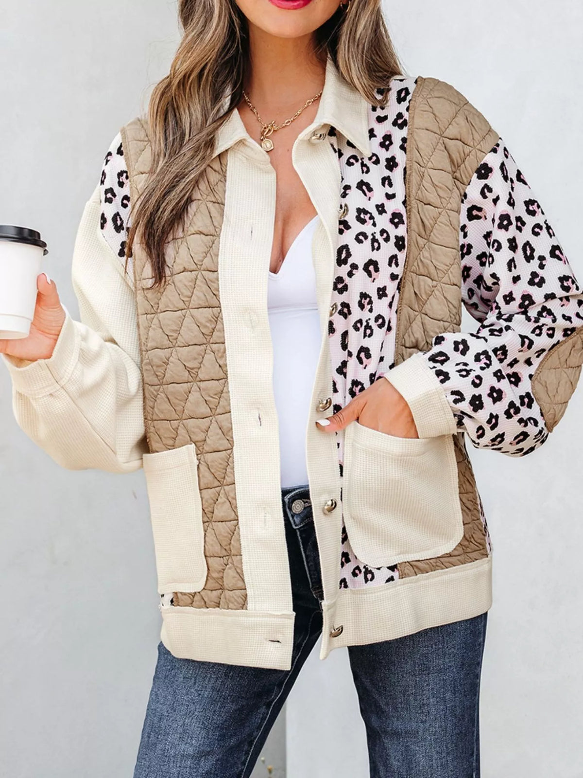 Leopard Print Quilted Jacket for Women - Cozy Waffle Textured