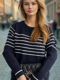 Striped Round Neck Long Sleeve Sweater Trandify Deal