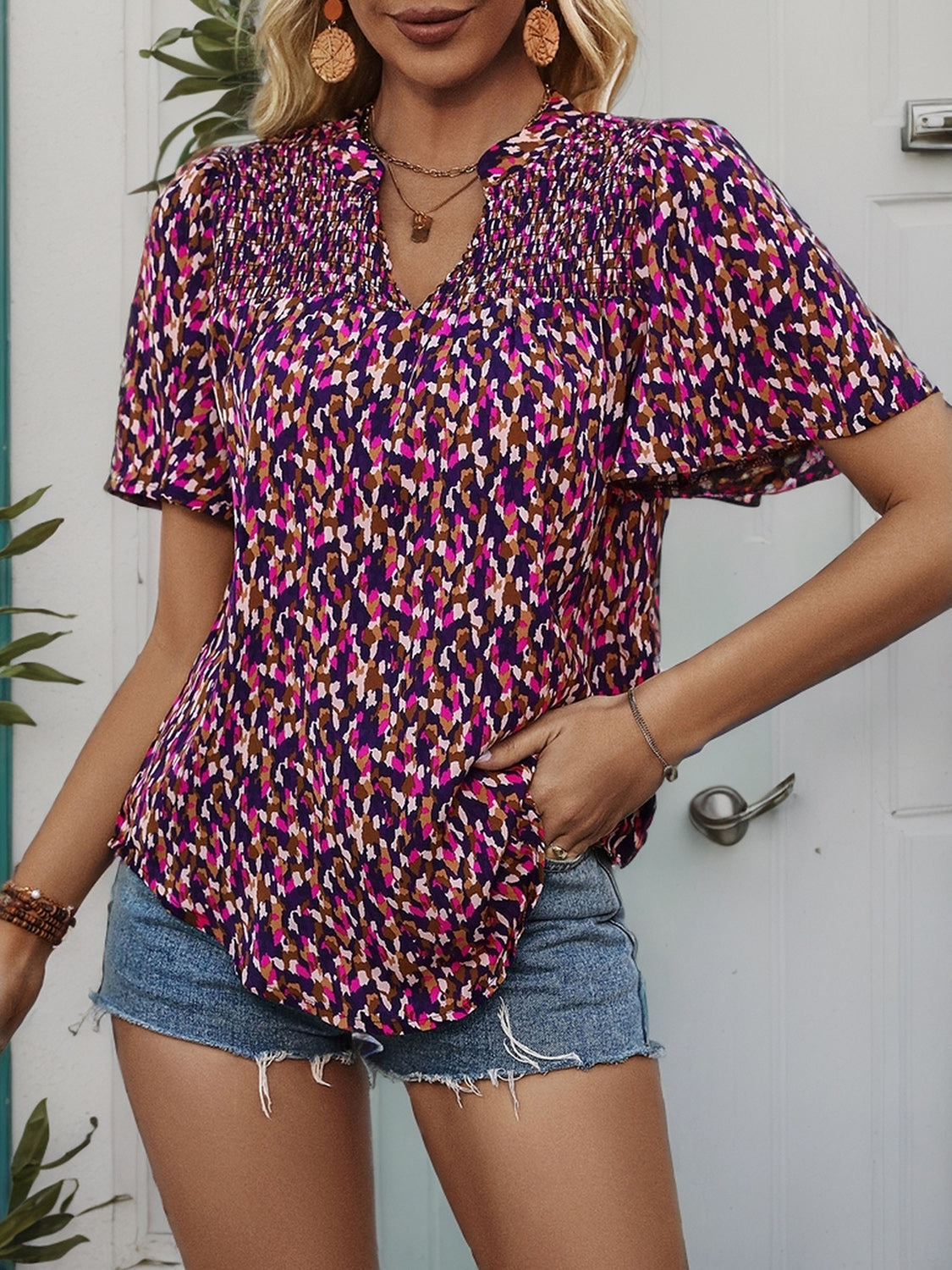 Perfee Printed Notched Flutter Sleeve Blouse Trandify deal