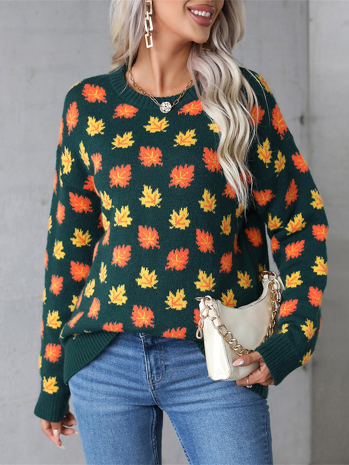 Angel Wings Maple Leaf Round Neck Long Sleeve Sweater Trandify Deal