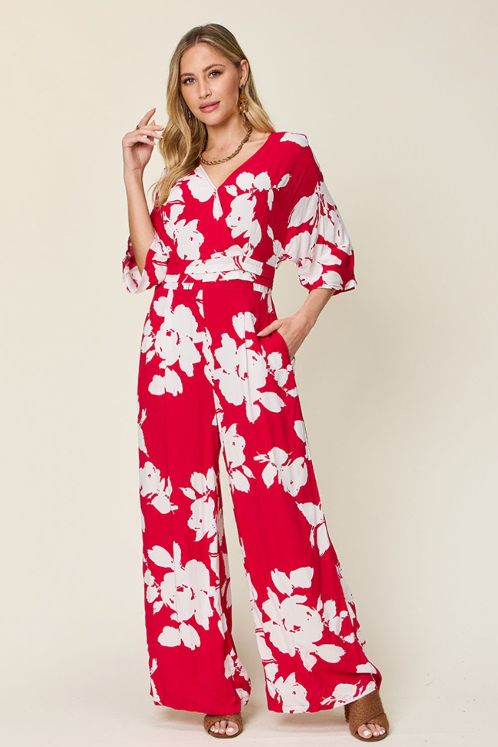 Double Take Full Size Printed Tie Back Wide Leg Jumpsuit Trandify deal