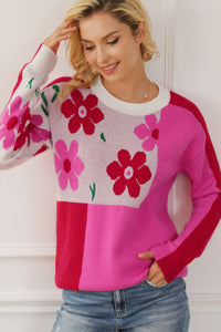 Flower Color Block Round Neck Sweater Trandify Deal