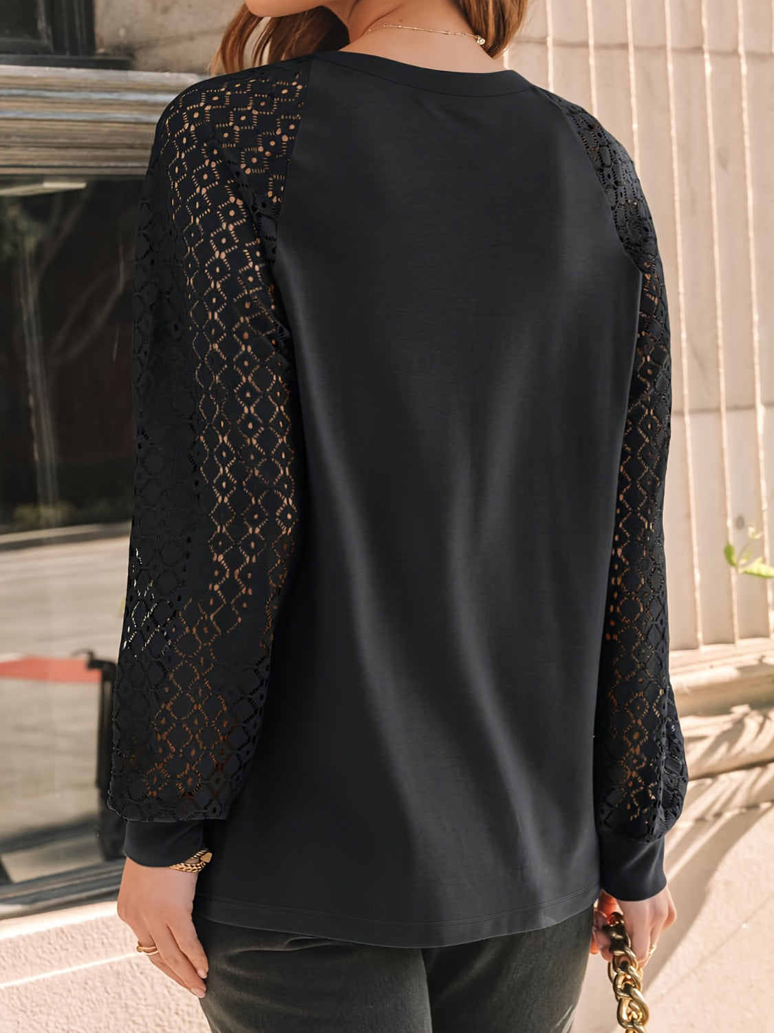 Women’s Black Eyelet Embroidered Blouse with Round Neck and Long Sleeves – Boho Lace Top for Casual Wear