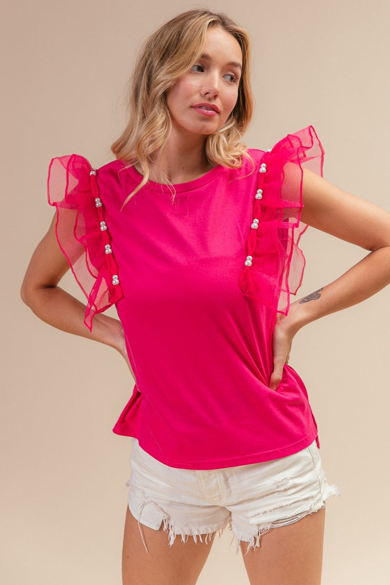 BiBi Pearl Decor Mesh Ruffle Sleeve Top Trandify deal