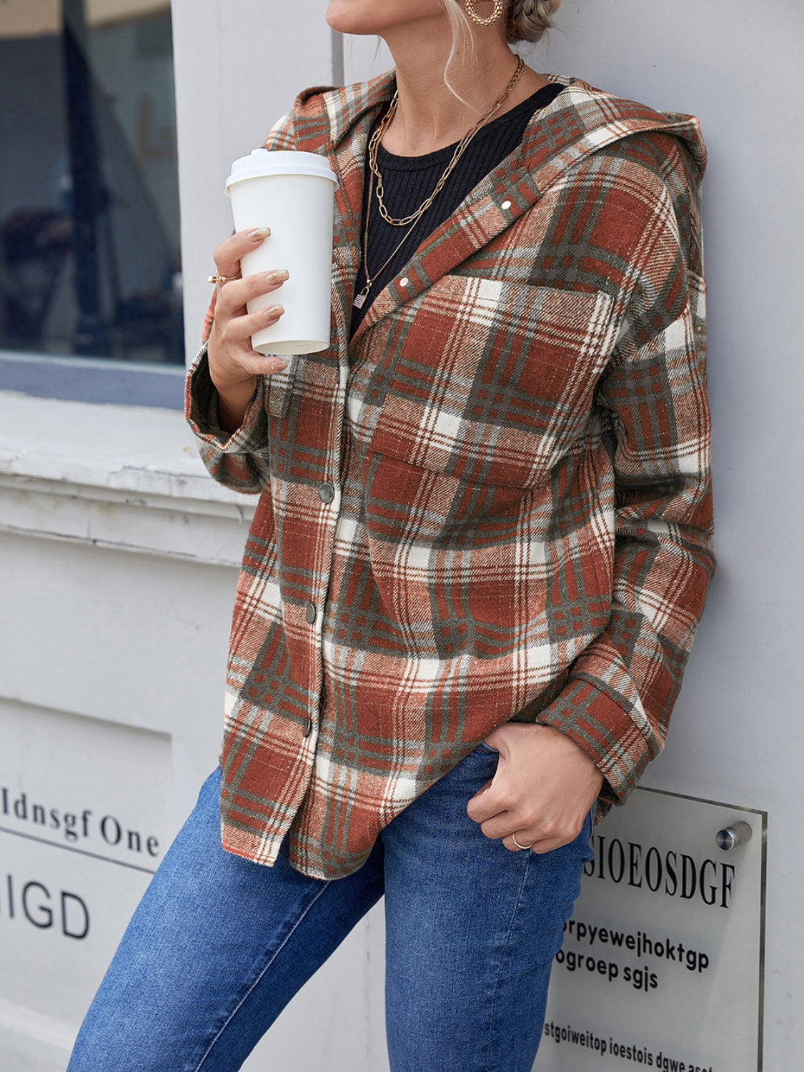 lvy Lane Plaid Button Up Long Sleeve Hooded Jacket Trandify Deal