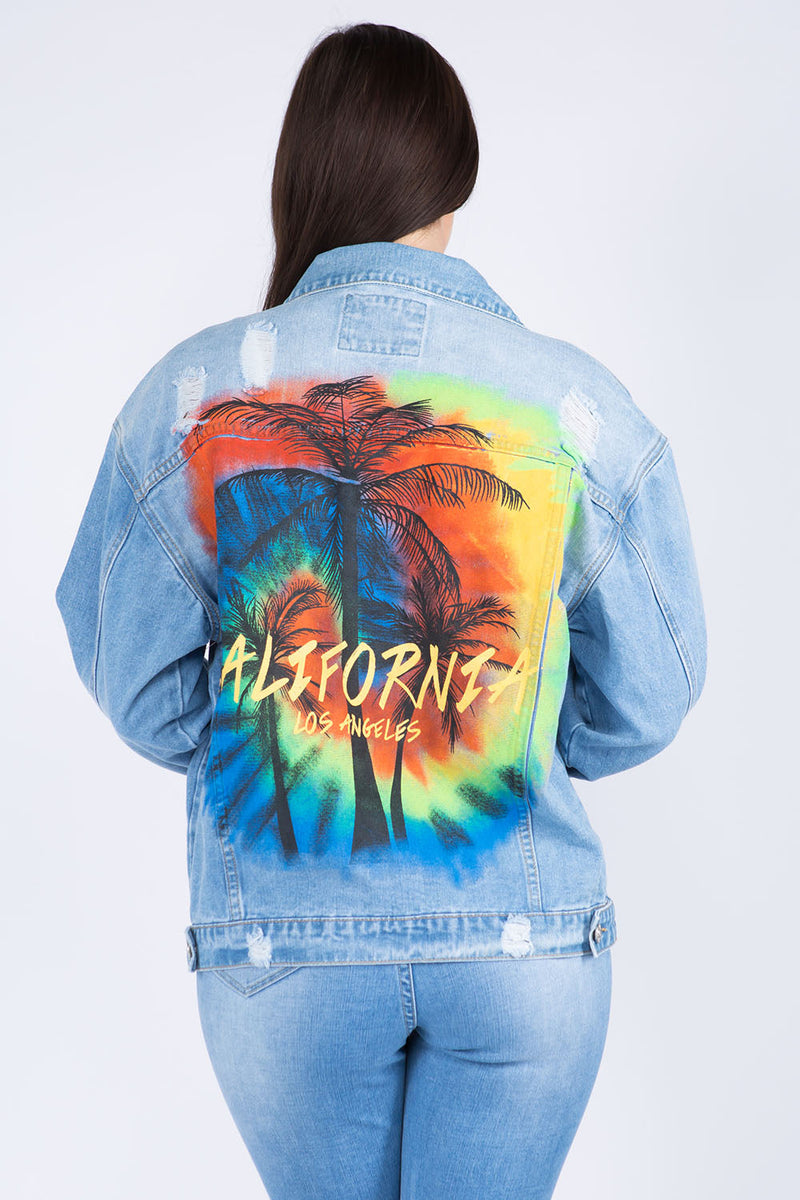 American Bazi Full Size Painted Back Distressed Denim Jacket Trandify Deal