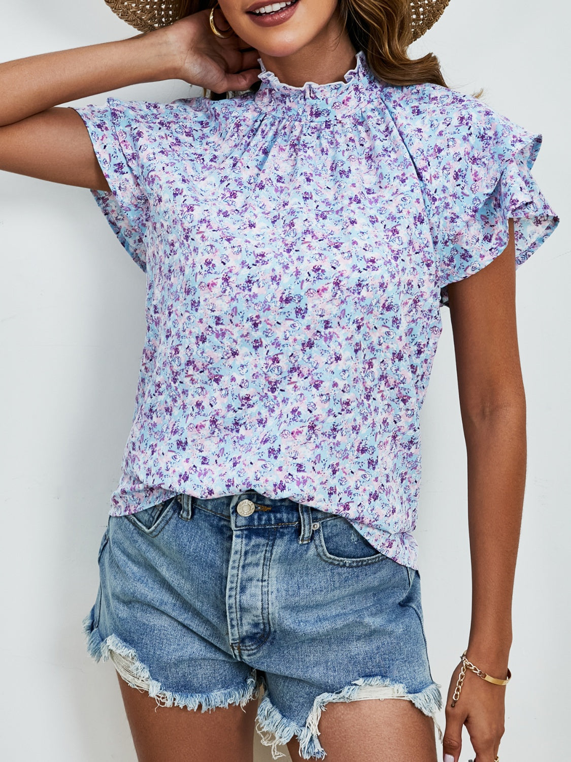 Ditsy Floral Mock Neck Flounce Sleeve Blouse Trandify deal