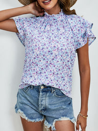 Ditsy Floral Mock Neck Flounce Sleeve Blouse Trandify deal
