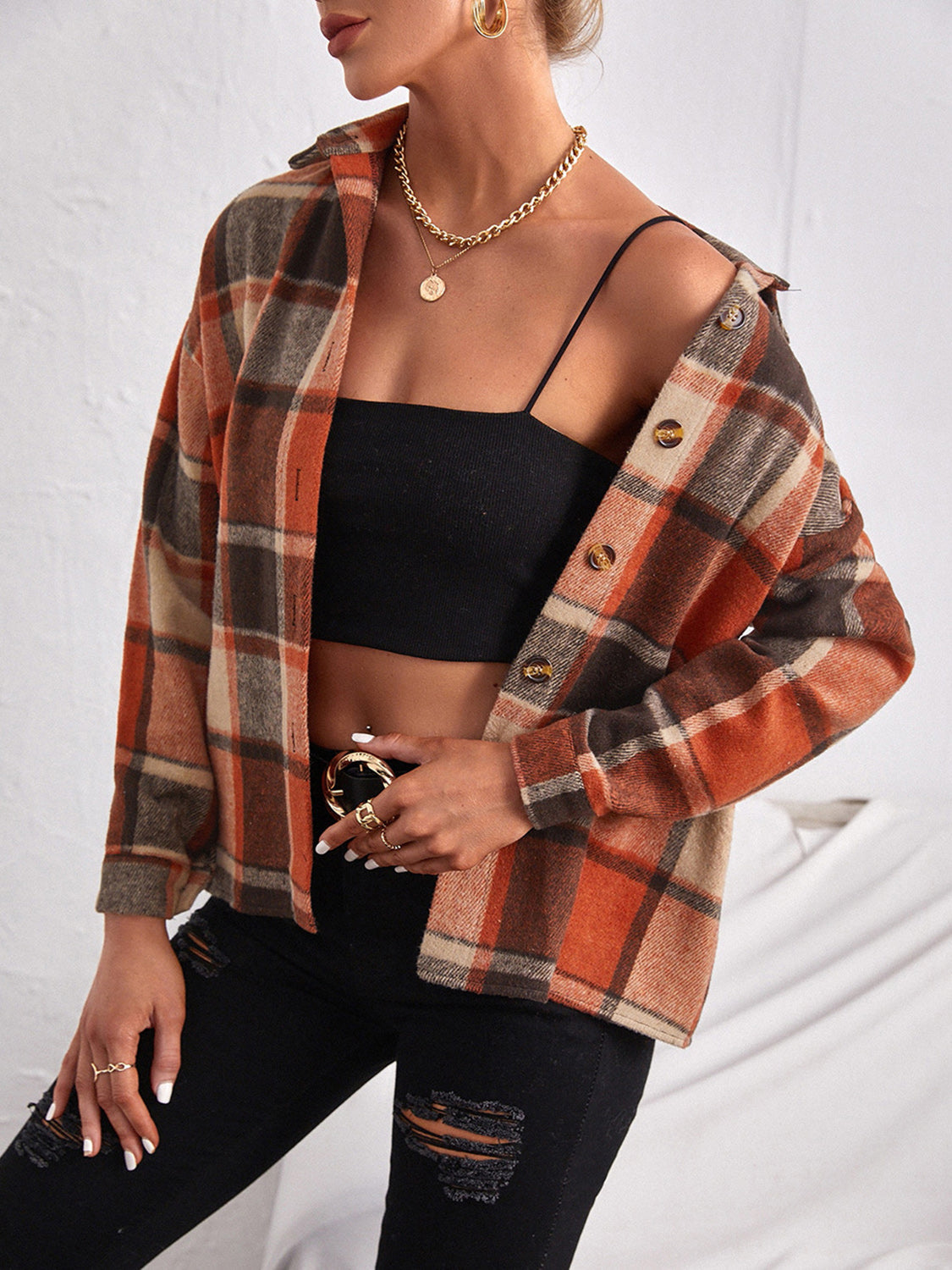 Plaid Collared Neck Button Down Jacket Trandify Deal