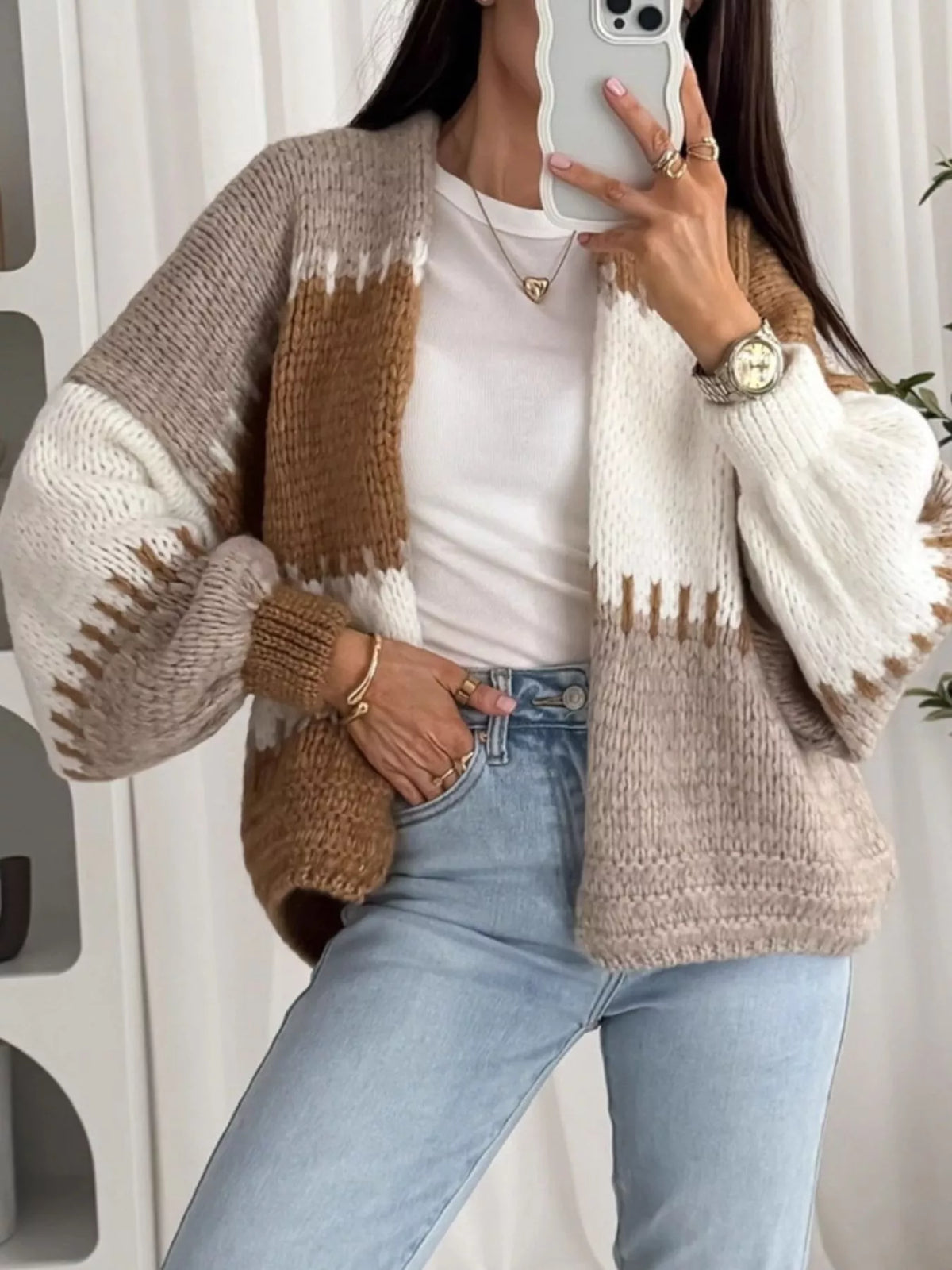 Color Block Open Front Cardigan - Basic Long Sleeve Polyester Top