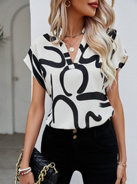 Printed Notched Short Sleeve Blouse Trandify deal