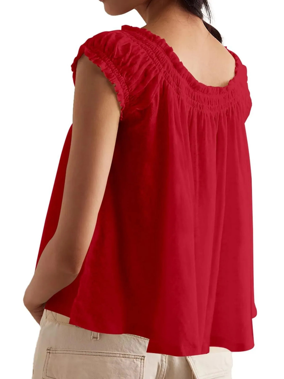 Women’s Tie-Front Smocked Blouse in Red – Boho Chic Ruffled Sleeve Top for Summer