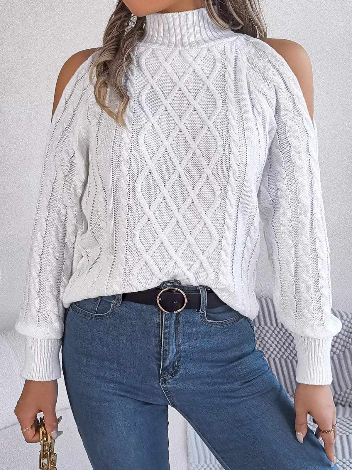 Women's Cold Shoulder Sweater | Cable Knit Turtleneck