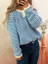 Women's Striped Button Sweater - Long Sleeve Knit Top