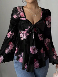 Floral Tie Front Blouse with Flare Sleeves and Bow Detail