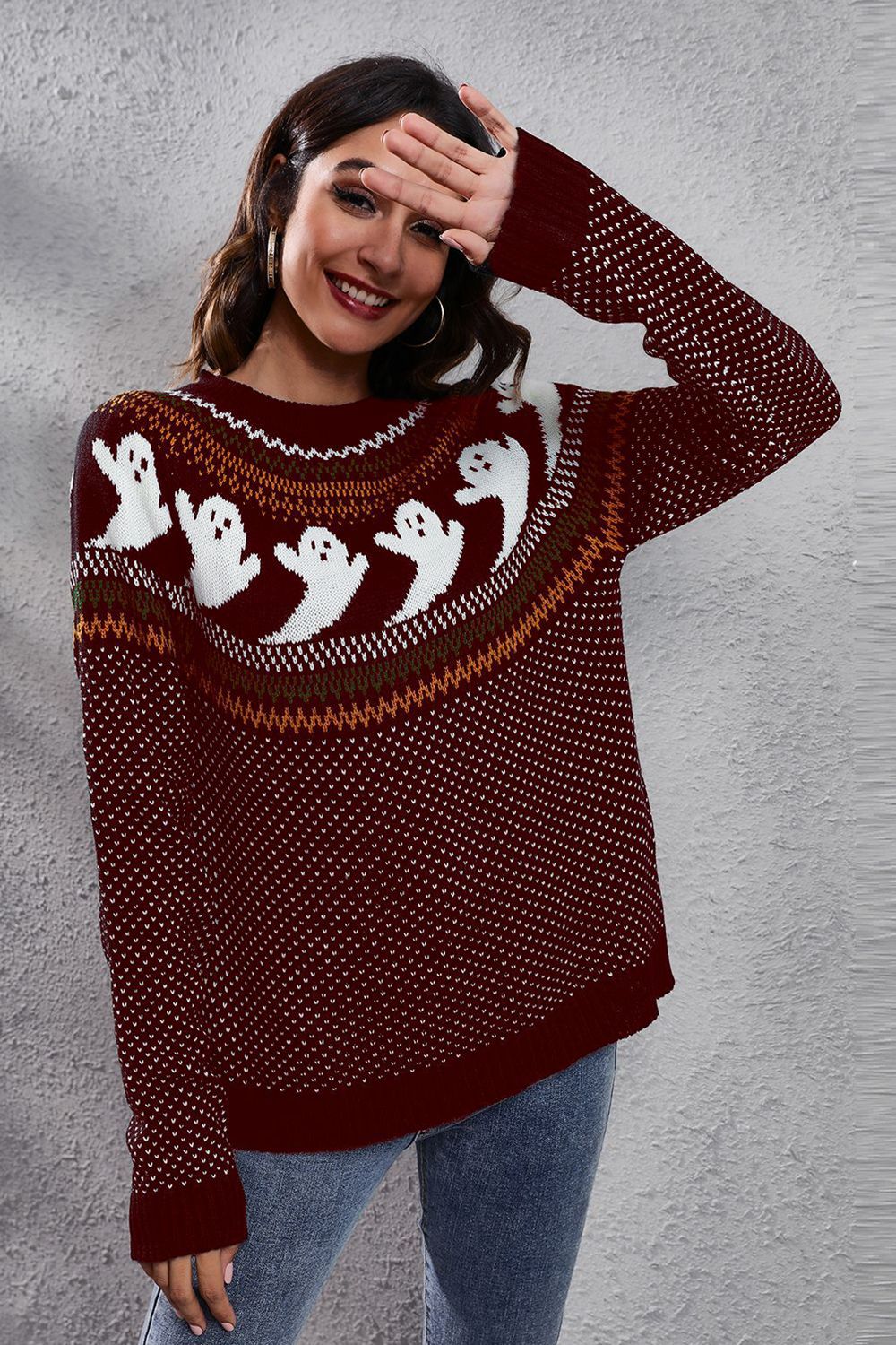 Ghost Pattern Round Neck Long Sleeve Sweater Trandify Deal