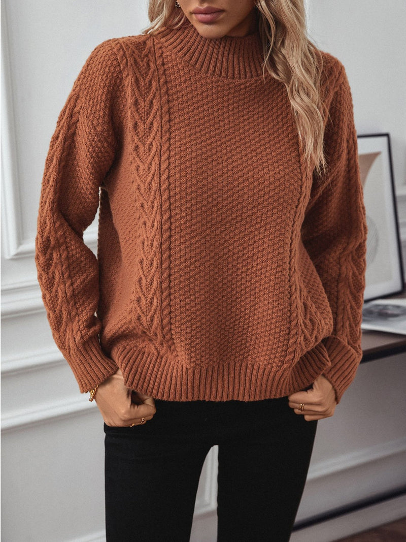 Cable-Knit Mock Neck Long Sleeve Sweater Trandify Deal