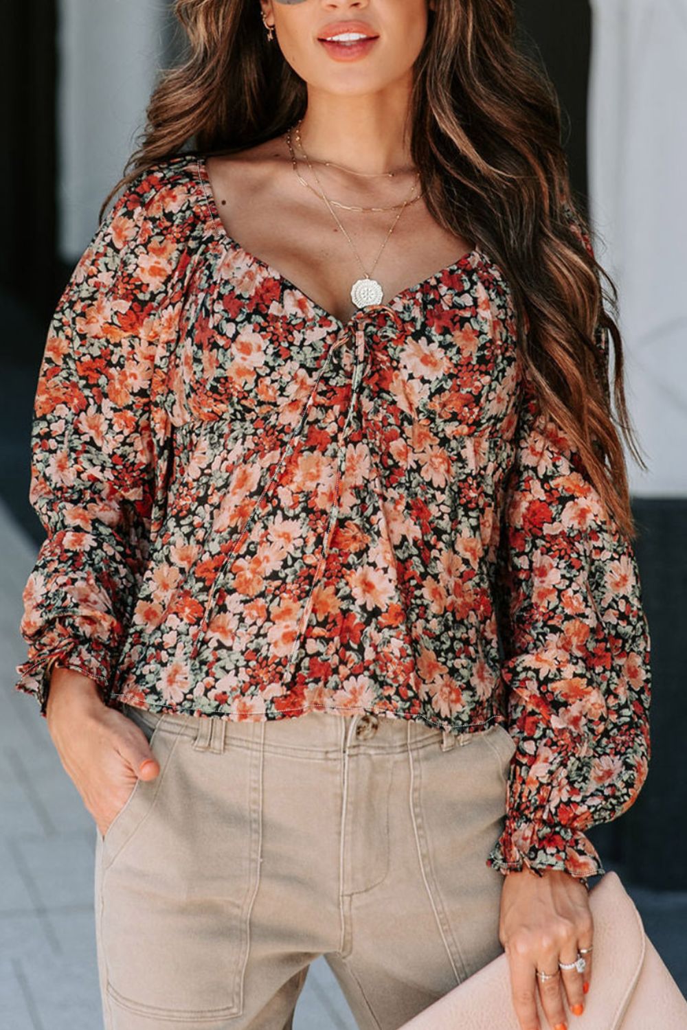 Peplum Tied Flora Long Sleeve Blouse Trandify Deal