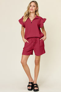 Double Take Full Size Texture Flounce Sleeve Top and Drawstring Shorts Set - Trandify Deal