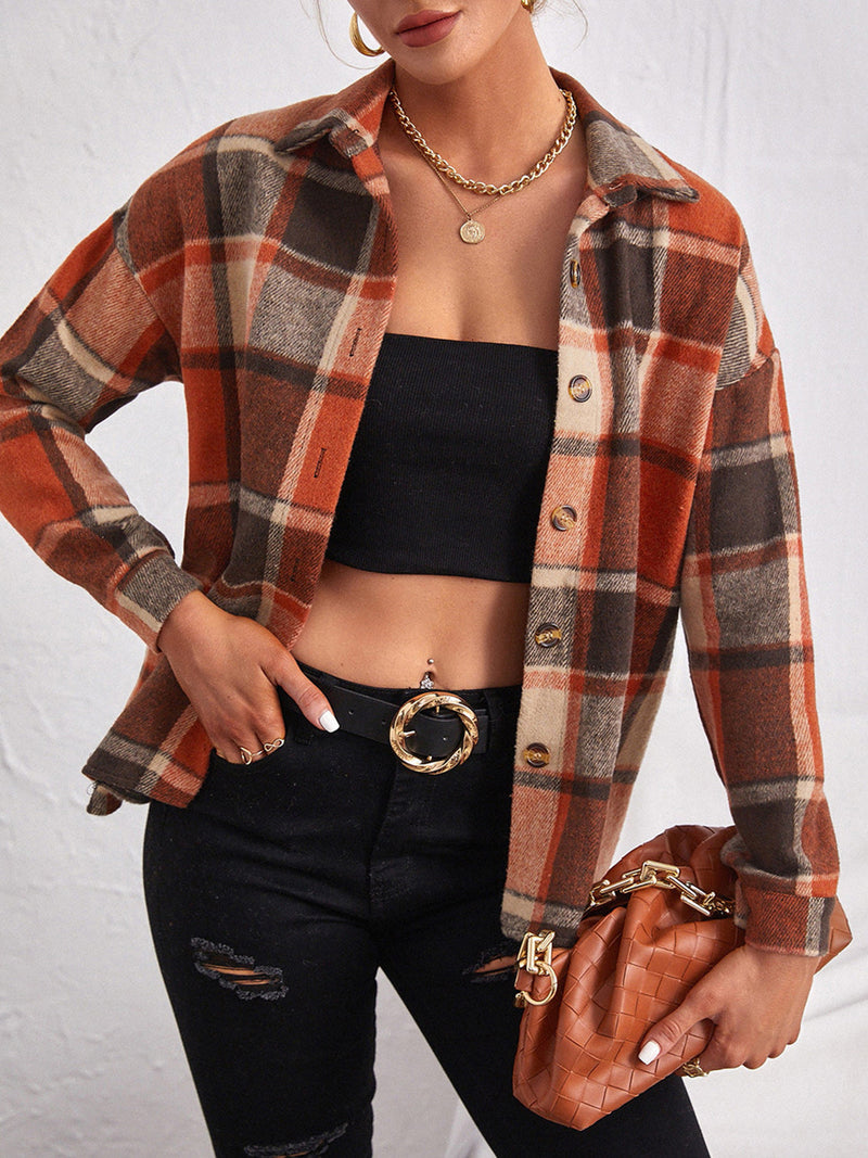 Plaid Collared Neck Button Down Jacket Trandify Deal