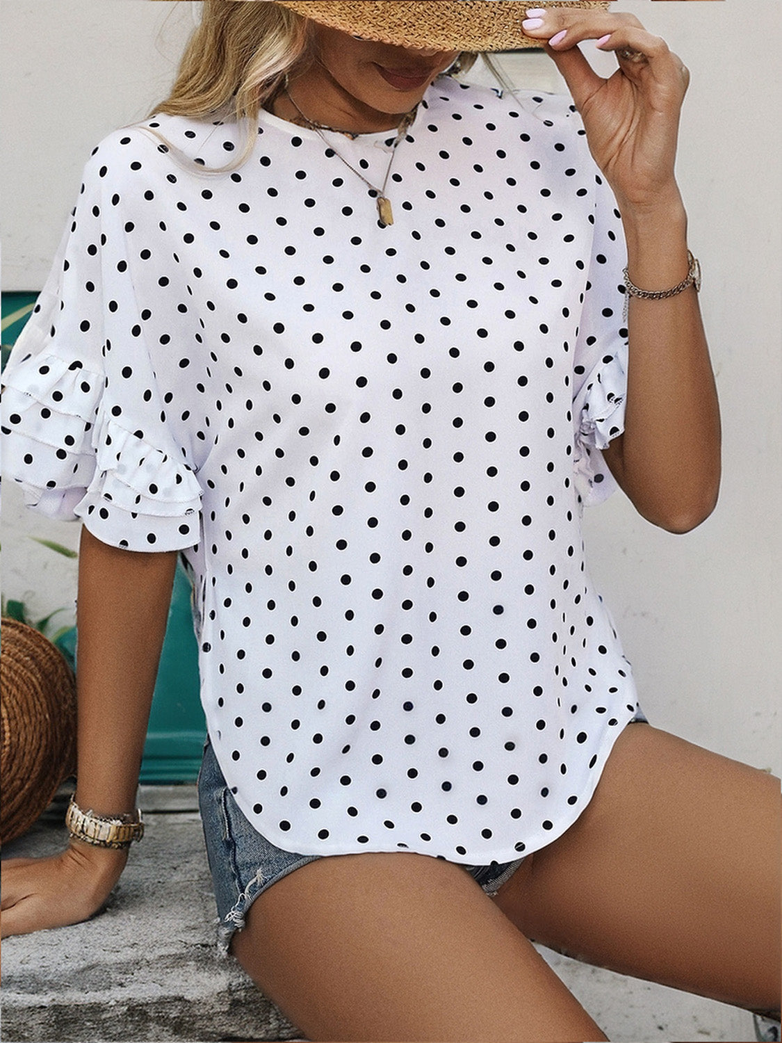 Perfee Slit Polka Dot Round Neck Half Sleeve Blouse Trandify deal