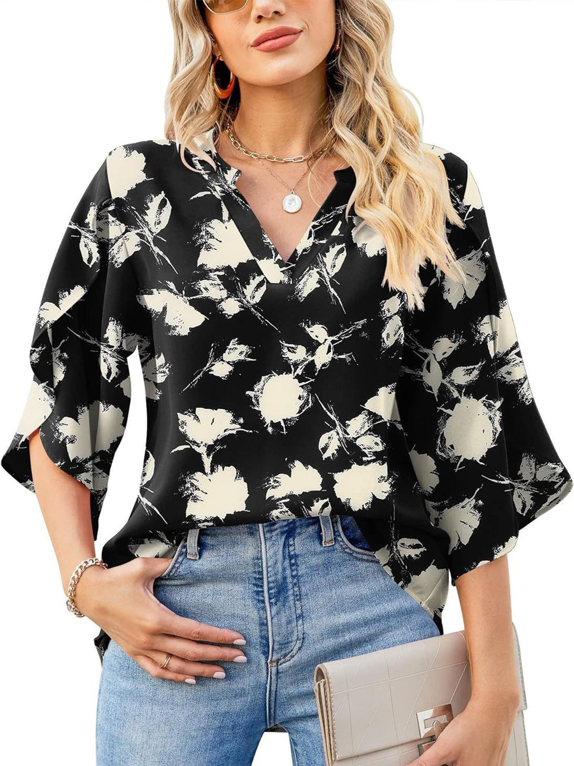 Printed Notched Half Sleeve Blouse Trandify Deal