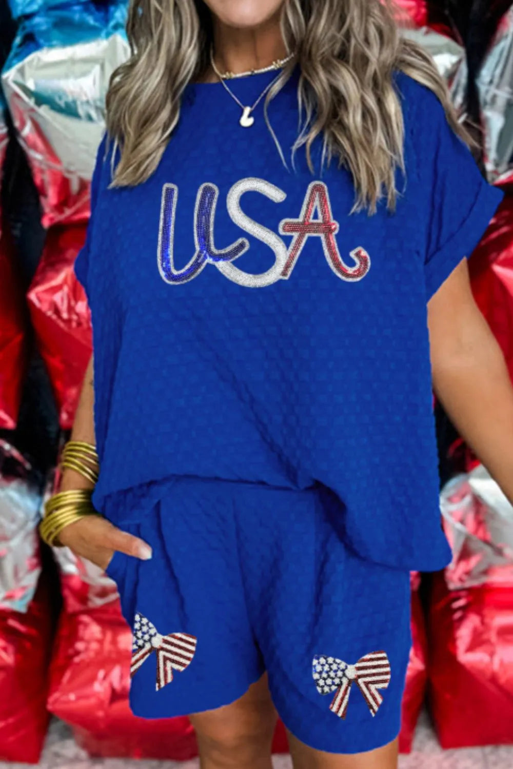 Sequined Top and Shorts Set with USA flag design and bowknot shorts detail, party wear.