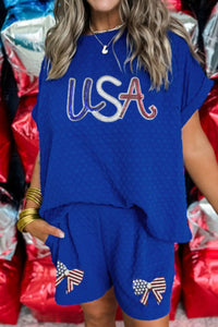 Sequined Top and Shorts Set with USA flag design and bowknot shorts detail, party wear.
