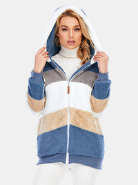 Full Size Drawstring Color Block Zip Up Hooded Outerwear Trandify Deal