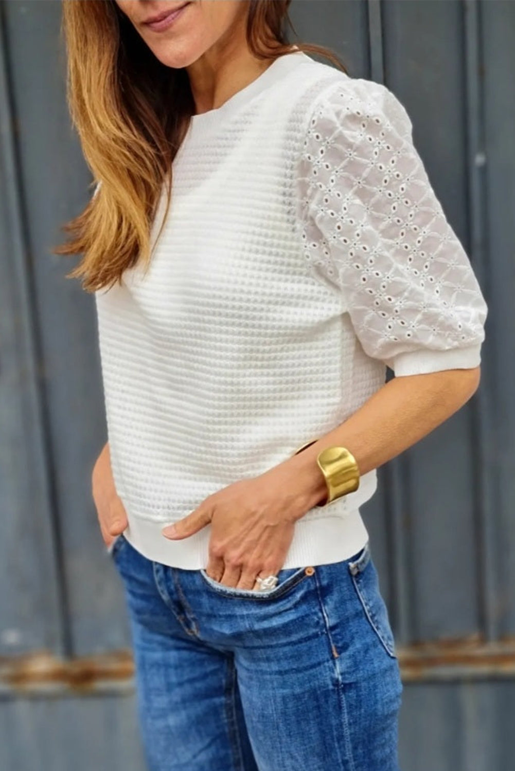 Eyelet Round Neck Half Sleeve Blouse - Trandify Deal