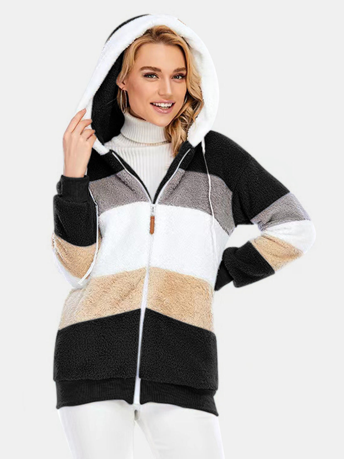 Full Size Drawstring Color Block Zip Up Hooded Outerwear Trandify Deal
