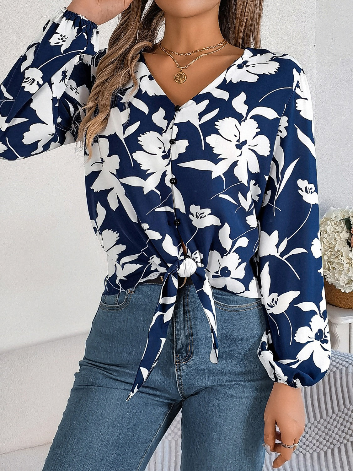 Printed V-Neck Long Sleeve Blouse Trandify deal