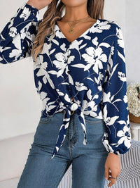 Printed V-Neck Long Sleeve Blouse Trandify deal