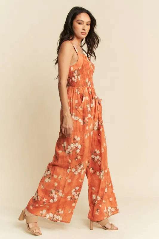 Floral Ruffle Jumpsuit with square neck and smocked bodice by Davi & Dani
