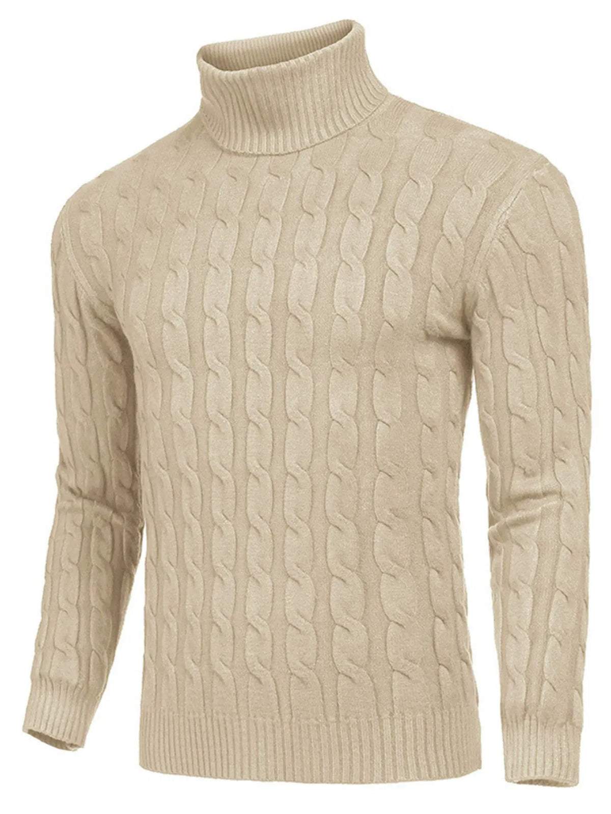 Men's Cable Knit Turtleneck Sweater worn by a model in cream