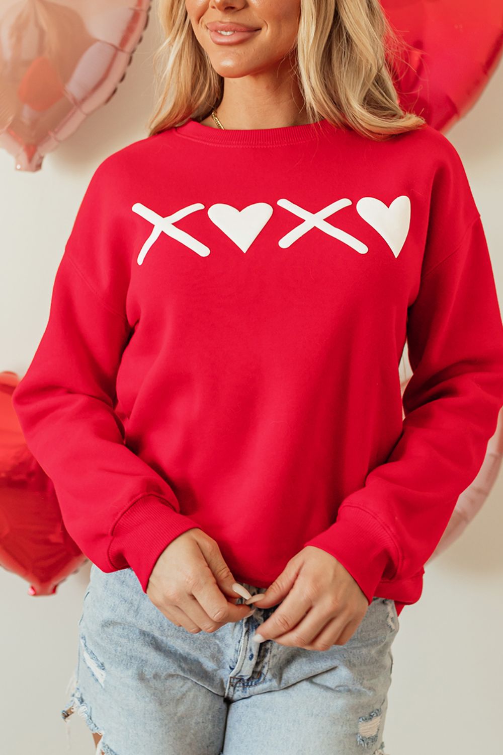 Valentine’s Day XOXO Round Neck Drop Shoulder Sweatshirt Trandify Deal