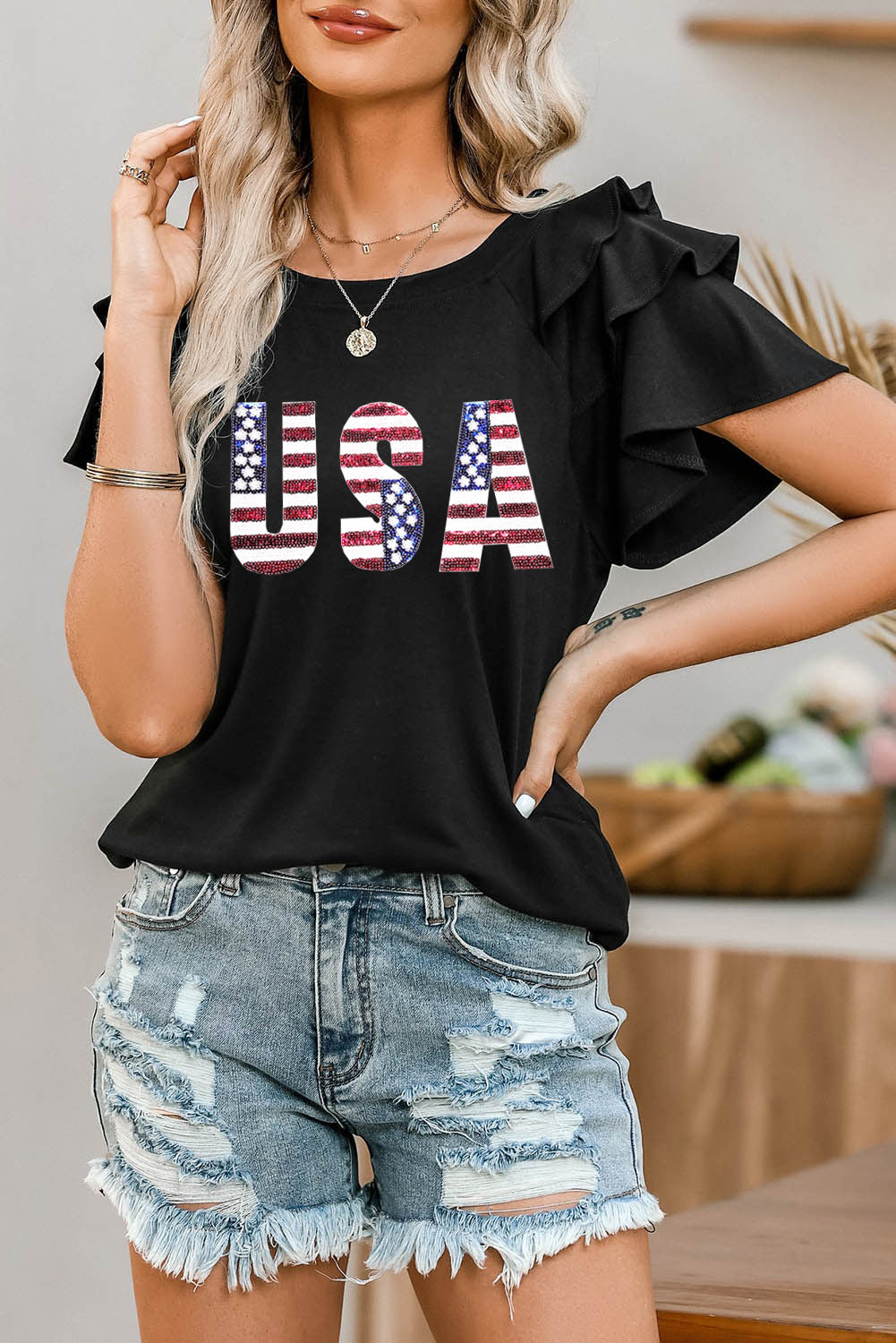 USA Round Neck Flounce Sleeve Top - Trandify Deal