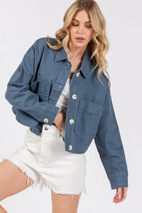 bytos Button Down Cropped Denim Jacket with Patch Pockets Trandify Deal