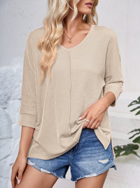 Lovelet Textured Round Neck Three-Quarter Sleeve Blouse Trandify deal