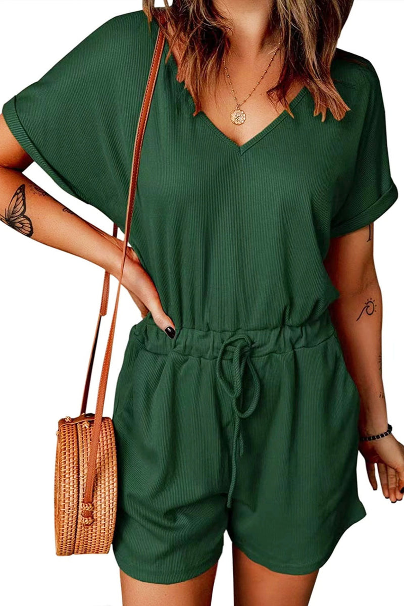 Full Size Drawstring V-Neck Short Sleeve Romper Trandify deal
