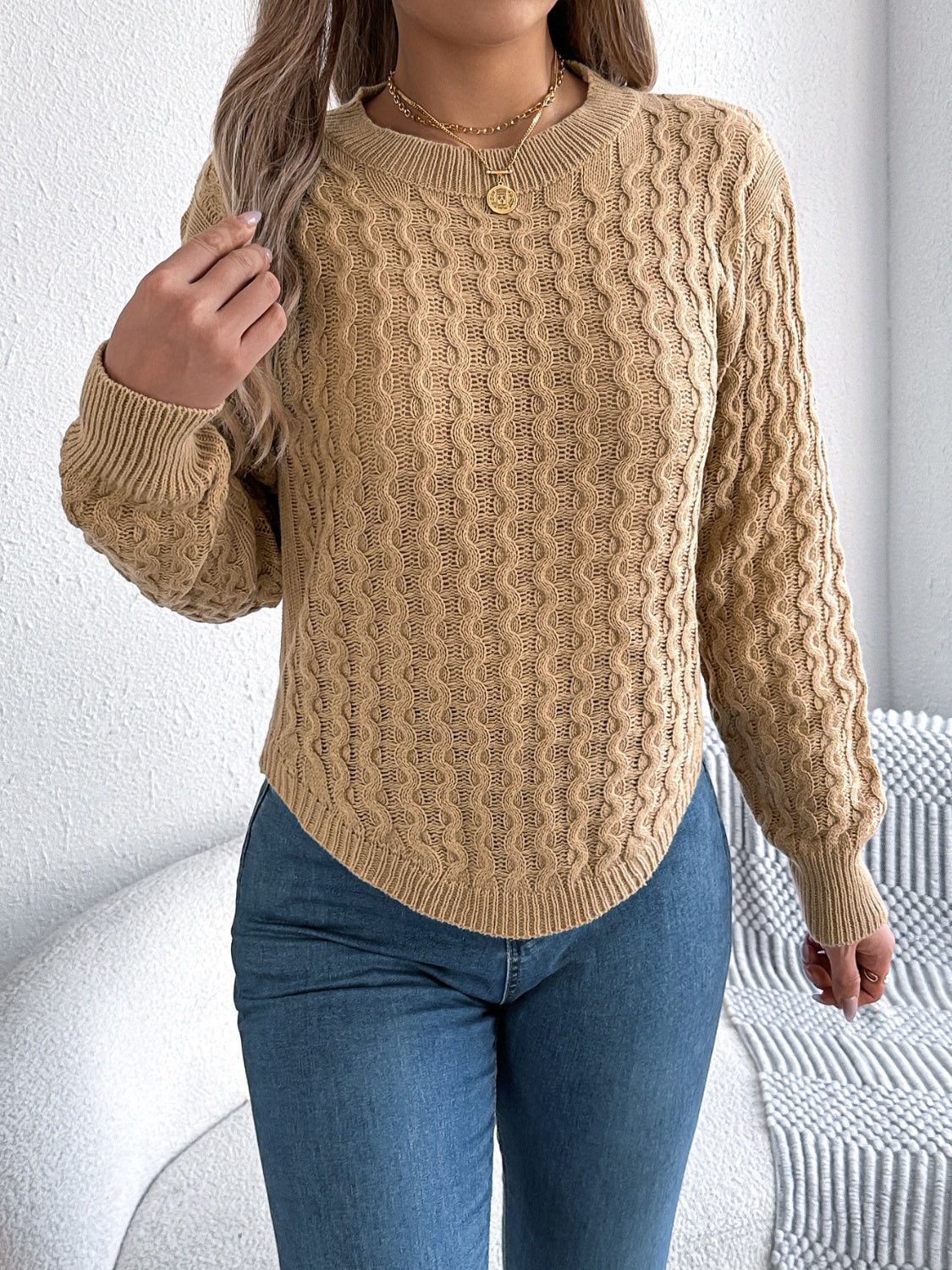 Asymmetric Hem Round Neck Long Sleeve Sweater Trandify Deal