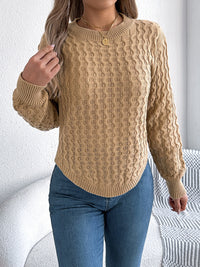 Asymmetric Hem Round Neck Long Sleeve Sweater Trandify Deal