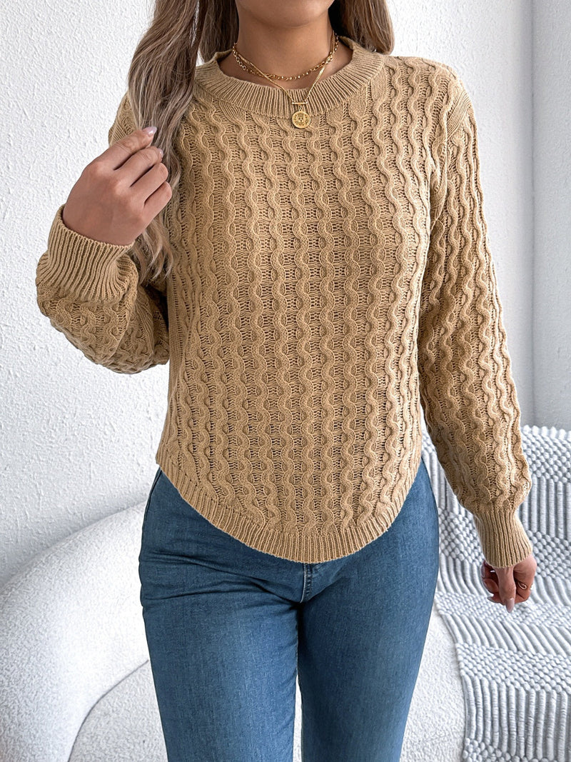 Asymmetric Hem Round Neck Long Sleeve Sweater Trandify Deal