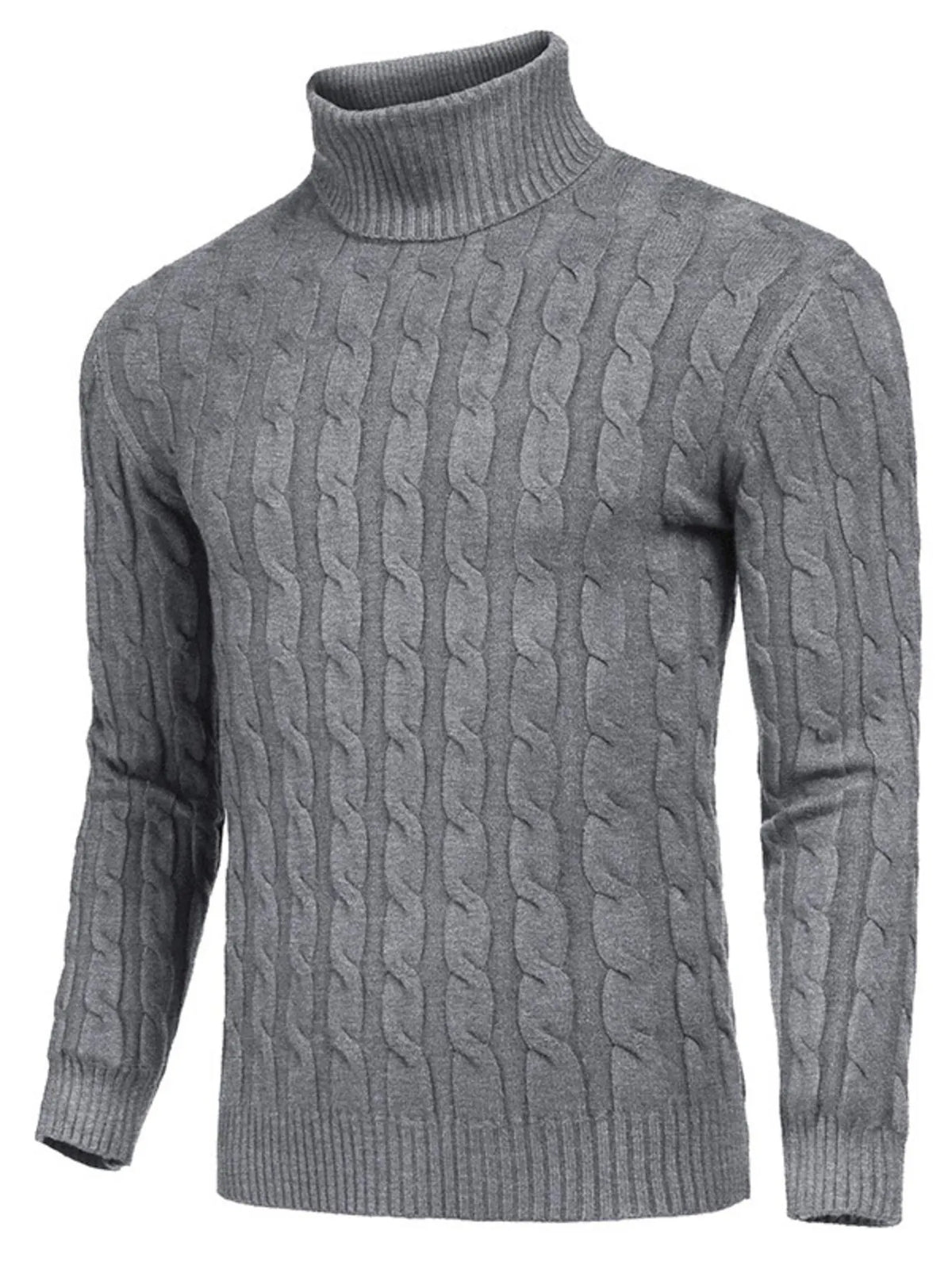 Men's Cable Knit Turtleneck Sweater worn by a model in Gray