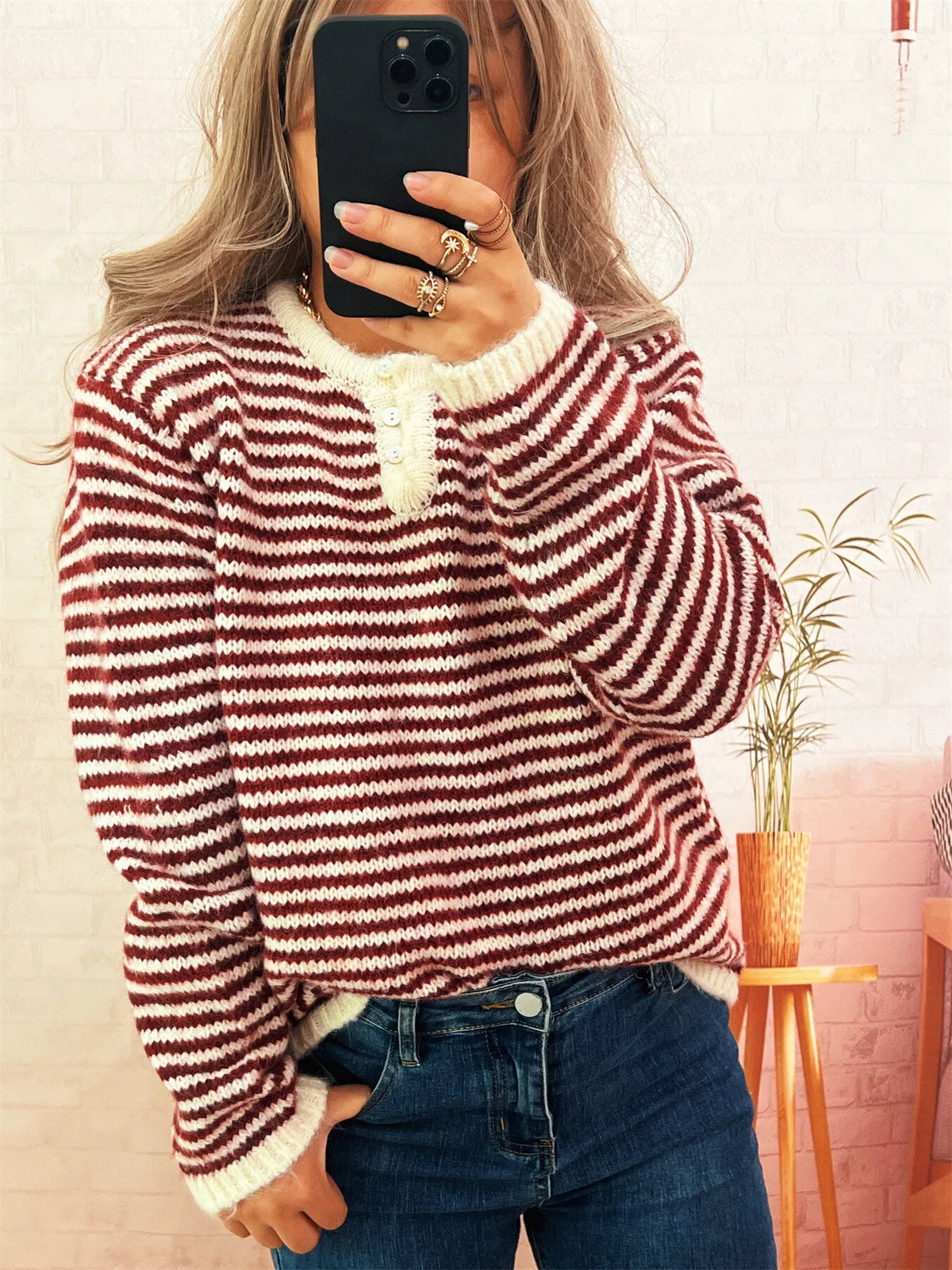 Women's Striped Button Sweater - Long Sleeve Knit Top