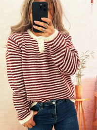 Women's Striped Button Sweater - Long Sleeve Knit Top