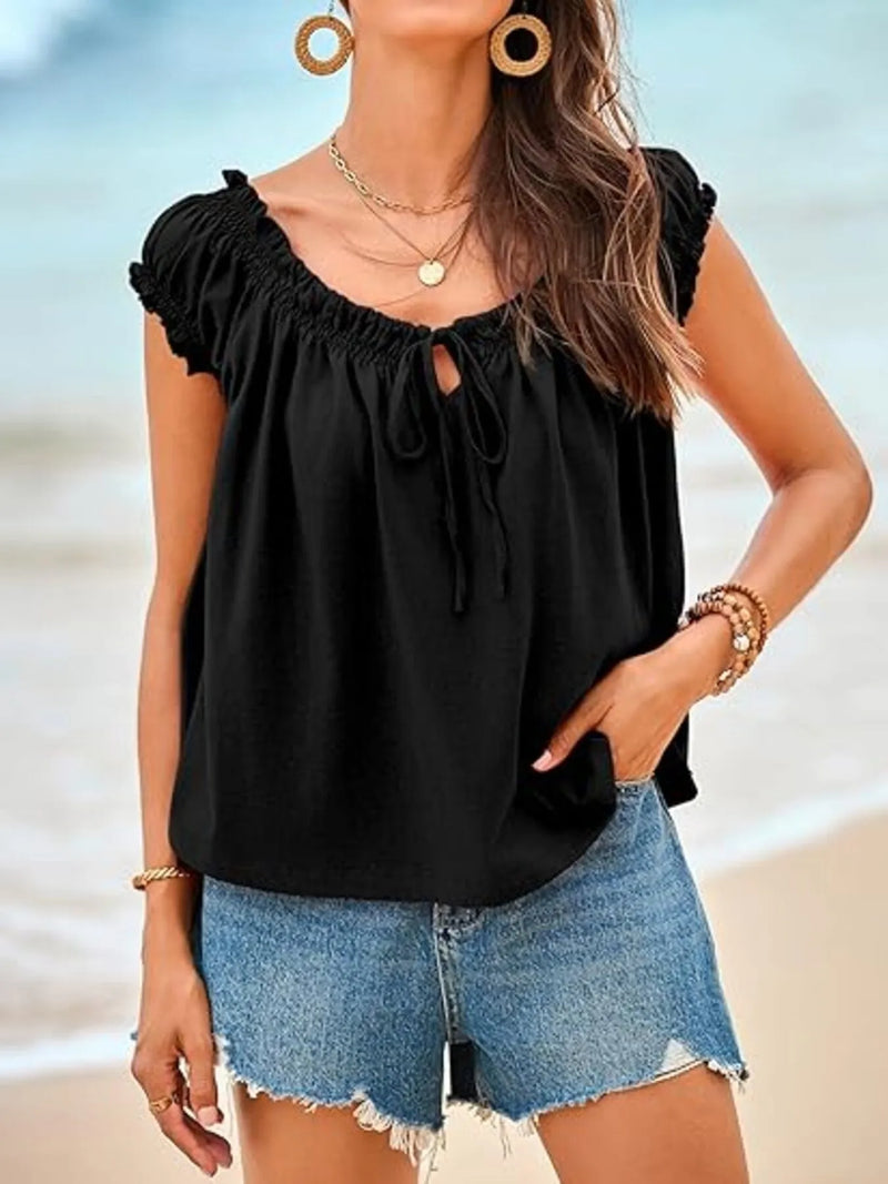 Women’s Tie-Front Smocked Blouse in Beige – Boho Chic Ruffled Sleeve Top for Summer