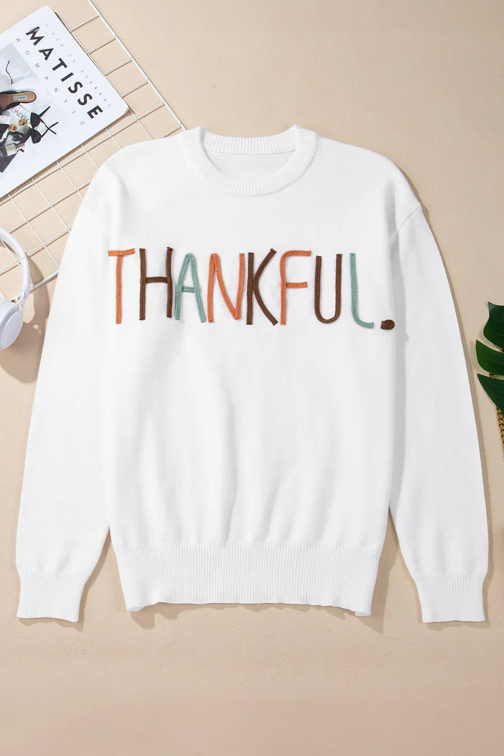 THANKFUL Round Neck Long Sleeve Knit Top Trandify Deal